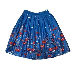 Grace Karin Pleated skirt with a London transportation scene print small Blue